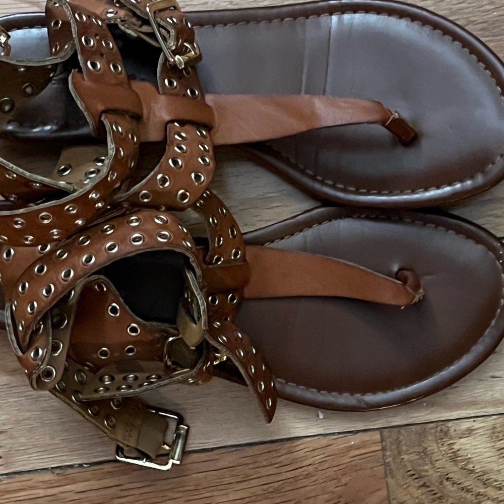 Brown Leather Sandals with Gold Chain Embellishments